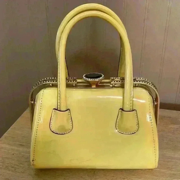 Beautiful yellow marble, faux patent leather small tote bag - Picture 2 of 8